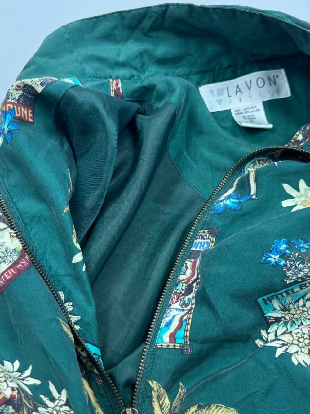 Lavon Womens Silk Bomber Jacket Green Size PM Oversized Postcard Motif - Picture 10 of 12